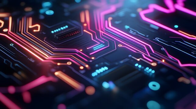 Captivating Glowing Circuit Board Patterns in Shadowy Industrial Backdrop