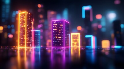 Futuristic cityscape with glowing geometric building facades illuminated by vibrant neon and LED lights cutting edge architectural