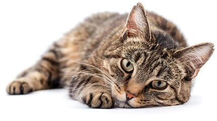 A relaxed tabby cat lying down, showcasing its calm demeanor and striking features.