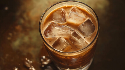 Iced cool coffee in tall glass on table, refreshing cold caffeine drink with milk and foam, closeup of chilled espresso beverage, summer cappuccino refreshment against light background