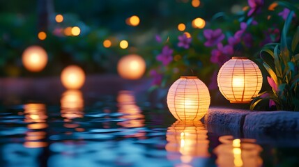Fototapeta premium Glowing Paper Lanterns Illuminating a Tranquil Night Garden of Lush Foliage and Blooming Flowers