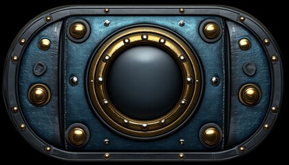 Ornate Circular Metal Panel with a Gold Trim and Blue Leather