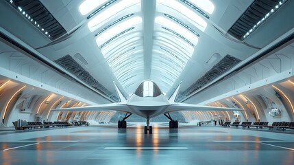 28082302 26 Spacecraft preparing for takeoff in a bright futuristic airport terminal Sleek architecture cool tones and detailed 3D rendering