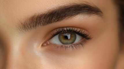 Closeup of a woman eye showcasing eyebrows and eyelashes, beauty and care in makeup and cosmetology for a young, attractive female model healthy skin