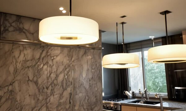 A modern minimalist lamp illuminates a sleek wooden table in a contemporary kitchen, adding a touch of elegance to the minimalist interior