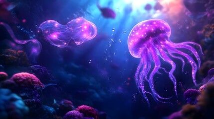 Mesmerizing Bioluminescent Creatures in a Mysterious Oceanic Abyss Glowing Lanternfish Darting Through the Inky Blackness Massive Squid Undulating in