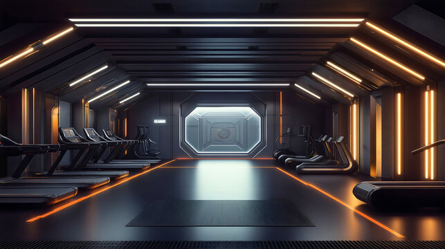 Futuristic gym interior featuring modern fitness equipment on the floor of an empty indoor center, sleek architecture and design for an advanced workout experience room