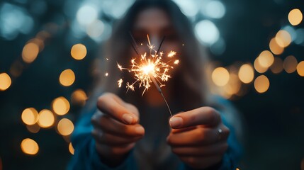 Portrait of a hand holding a sparkler, celebrating New Year against a bokeh background
