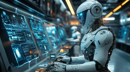 Fototapeta premium Humanoid Robot Working at a Control Panel