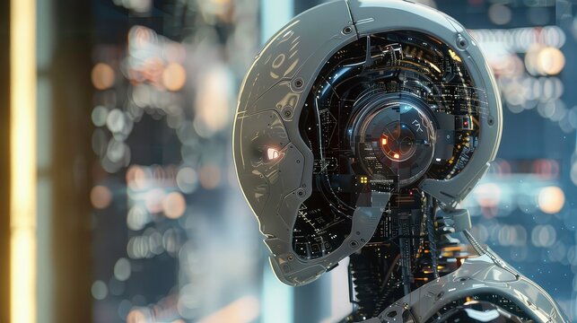 Close-up of a futuristic robot's head with glowing circuitry and a large, circular eye.