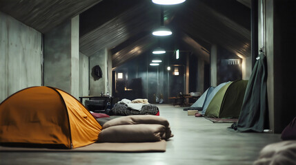 A charity organization provides shelter and support for homeless people in the community, offering help and food to the hungry, volunteer service and love