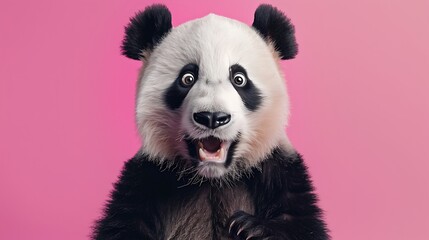 Obraz premium A cute panda with an expressive face against a pink background.