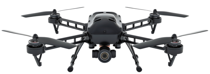 An isolated drone equipped with a camera and propeller, object device technology in aerial video capture, representing a modern quadcopter gadget for photography and surveillance