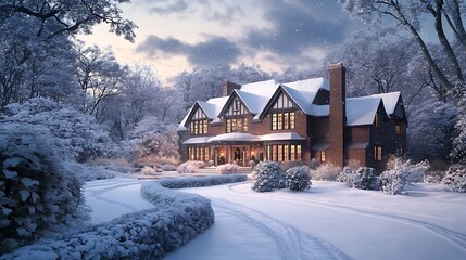 Fototapeta premium Brick House with Snow-Covered Roof and Yard in Winter