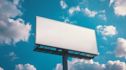 Fototapeta premium Empty white billboard positioned against a backdrop of a blue sky with clouds, ideal for mock-up designs