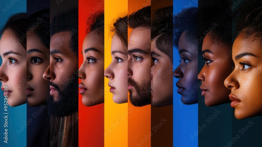 Aufkleber a lineup of diverse individuals showcases barriers of bias and division, emphasizing cultural differ