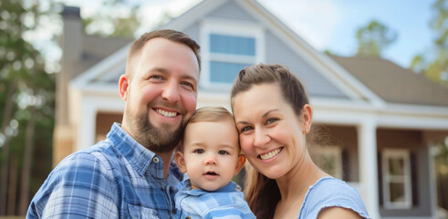Obraz premium A happy family moving into their new home together, filled with love and laughter, as the dad and mom share joyful moments with their child in their beautiful house