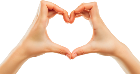 A woman isolated on transparent background showing a heart shape gesture with her hands, sign of romance and love, expressing positive feelings and emotions on Valentine's Day