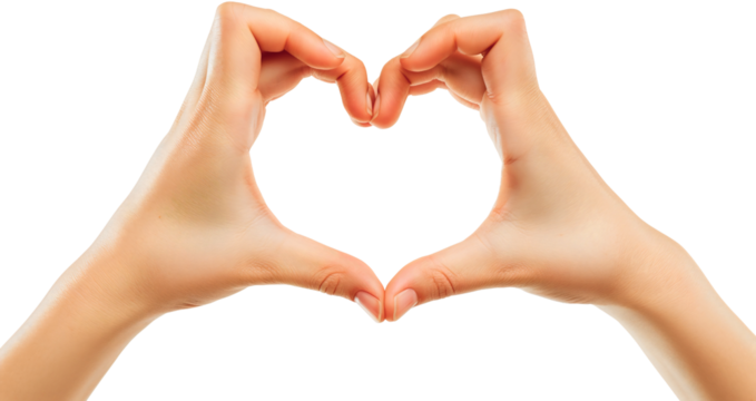 A woman isolated on transparent background showing a heart shape gesture with her hands, sign of romance and love, expressing positive feelings and emotions on Valentine's Day