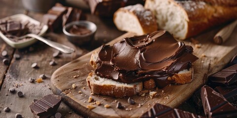 Chocolate butter slices on the table preparing a delicious homemade dessert with white bread