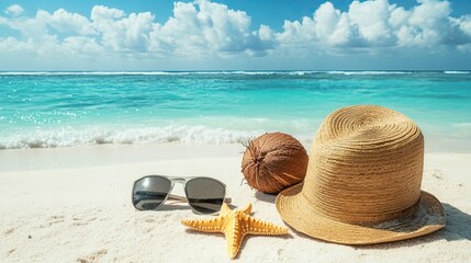 A beach scene featuring sunglasses, a straw hat, a starfish, and a coconut on the sand.