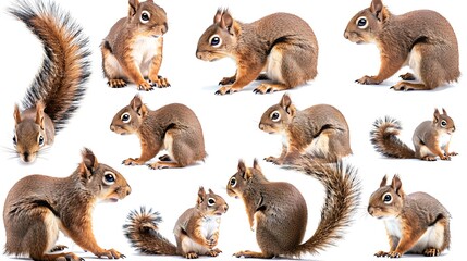 Fototapeta premium A collection of various poses of squirrels against a white background.