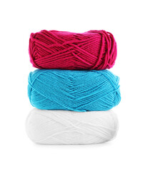 Stack of different bright yarns isolated on white
