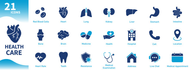 Healthcare icon. Collection of icons on medical, human organs, hospital, body resistance, contact. Solid vector icons.
