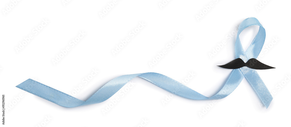 Poster Light blue ribbon and fake mustache isolated on white, top view. Prostate cancer awareness