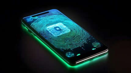 Smartphone with a biometric cybersecurity screen displaying advanced digital technology