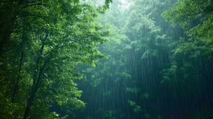 A lush green forest filled with vibrant trees and leaves glistening from the rain showcases the beauty of nature and flora, creating a landscape for outdoor exploration in vegetation