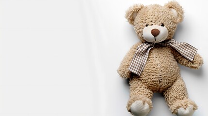 A soft teddy bear with a checked bow, perfect for cuddling and gifting.