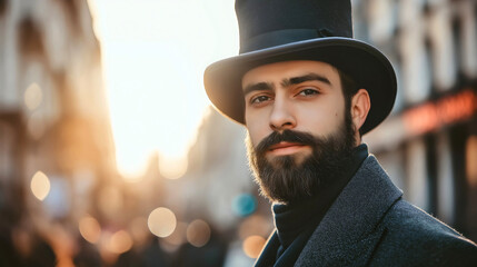 A vintage gentleman with a stylish top hat and beard and mustache posing for a portrait, classic fashion and elegance of retro style