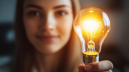 A person holds a glowing light bulb, symbolizing an innovative idea or moment of inspiration, with a blurred face in the background.