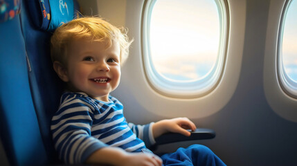 A happy little boy sitting on an airplane, filled with joy and excitement for his flight, fun of travel and the adventure of child or kid