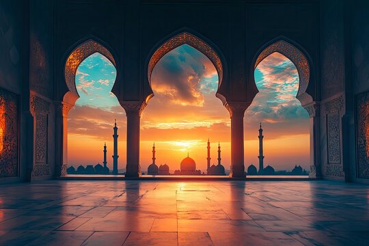 Mosque sunset islamic frame, vertical image, social media story, Ramadan or islamic concept wallpaper, ai