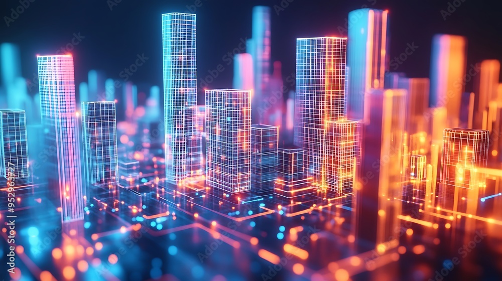 Canvas Prints neon cityscape with glowing buildings and lines