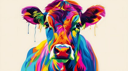 A vibrant, colorful illustration of a cow with abstract patterns and drips of paint.