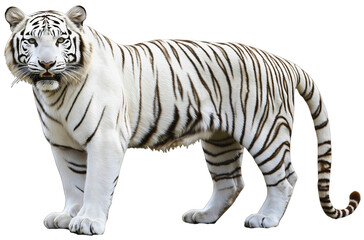 Fototapeta premium Large white tiger with black stripes, portrait of Siberian big cat isolated on transparent background, majestic predator in studio shot, powerful feline eyes, side view of mixed breed panthera tigris