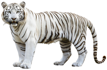 Large white tiger with black stripes, portrait of Siberian big cat isolated on transparent background, majestic predator in studio shot, powerful feline eyes, side view of mixed breed panthera tigris