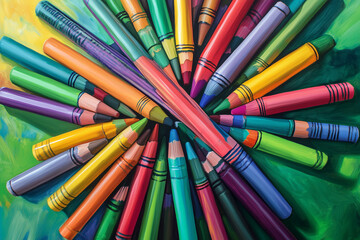 Fototapeta premium Creative Burst: Crayons Spread on a Vibrant Viridian Canvas