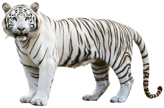 Large white tiger with black stripes, portrait of Siberian big cat isolated on transparent background, majestic predator in studio shot, powerful feline eyes, side view of mixed breed panthera tigris - Powered by Adobe