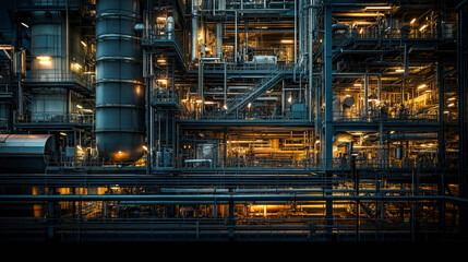 An intricate network of pipes, machinery, and supporting structures illuminated in a modern industrial facility, showcasing advanced engineering and complex infrastructure.