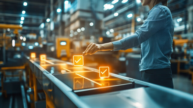 "Worker operates advanced touchscreen controls in a modern automated factory, enhancing efficiency with augmented reality technology for streamlined production processes."