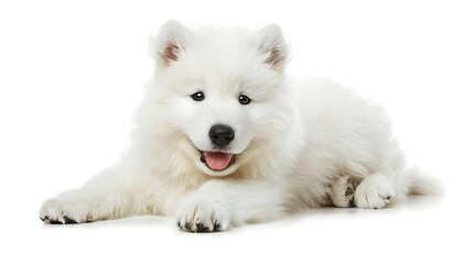 Naklejka premium A fluffy white puppy lying down, showcasing its playful and friendly demeanor.