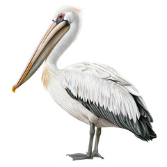 Close-up view of a pelican with white and black feathers, standing on one leg. The bird is depicted in detail against a white background.