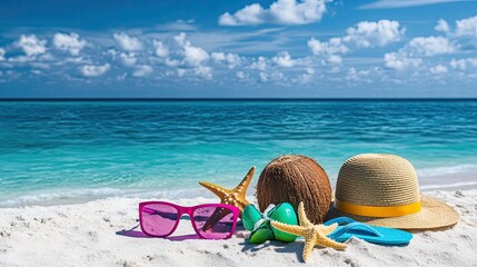 A beach scene with sunglasses, a coconut, a hat, and starfish on sandy shores by the sea.