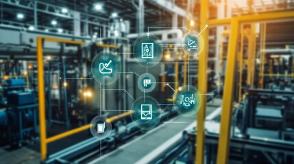 Fototapeta premium A modern factory with yellow structures and digital icons representing automation, process optimization, and industrial technology integration overlaying the industrial background.