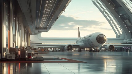 28082302 36 Bustling futuristic airport terminal with sleek minimalist architecture and spacecraft preparing for takeoff Bright open spaces cool tones and detailed 3D-rendered environment