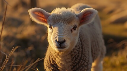 Obraz premium A close-up of a young lamb in a natural setting, showcasing its fluffy coat and curious expression.